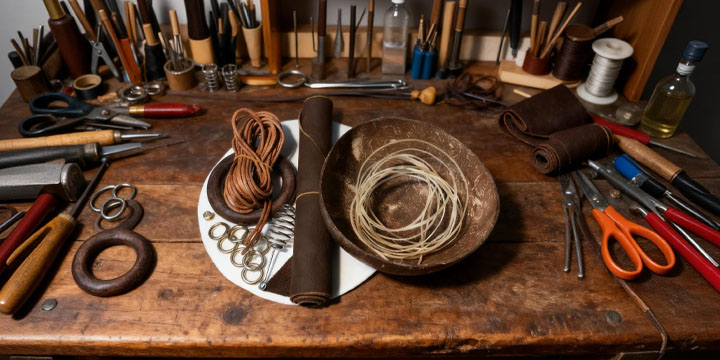 椰鼓制作材料准备 - 老熟椰壳、山羊皮鼓面、钢制鼓胆等