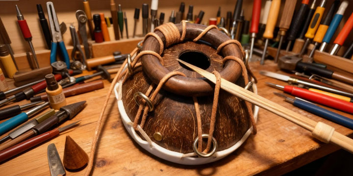 椰鼓调音工艺 - 自然干燥并调整皮绳拉紧鼓面