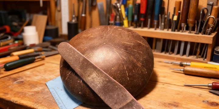 椰壳打磨工艺 - 去除内外毛刺，塑造光滑鼓身