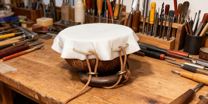 椰鼓蒙皮步骤 - 捆绑绷紧鼓面核心工艺