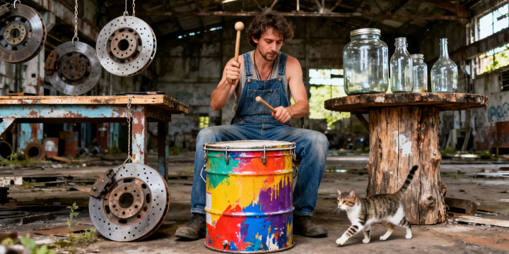 创新型打击乐器 - 生锈铁桶与玻璃碎片的音乐创作